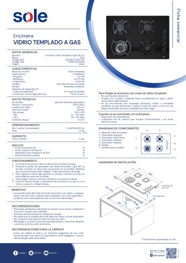 ENCIMERA A GAS SOLE 4 QUEMADORES SOLCO047V3 VIDRIO TEMPLADO - 6