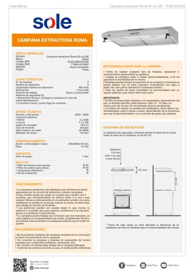 CAMPANA EXTRACTORA SOLE ANCHO 60CM 3120TURE16COV2 ROMA 2M INOXIDABLE - 7