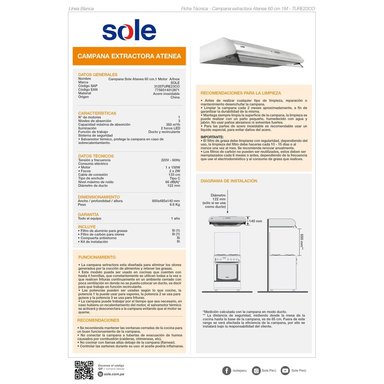 CAMPANA EXTRACTORA SOLE ANCHO 60CM 3120TURE23CO ATENEA 1 MOTOR INOXIDABLE - 5