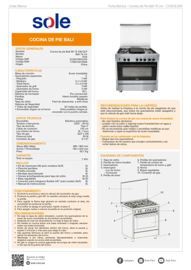 COCINA A GAS GLP SOLE 5 HORNILLAS COSOL040 DE PIE - 10