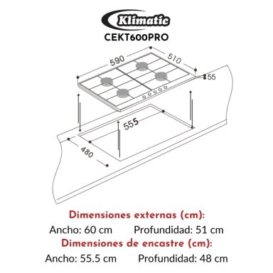 COCINA EMPOTRABLE A GAS KLIMATIC 4 QUEMADORES CEKT-600PRO - 4