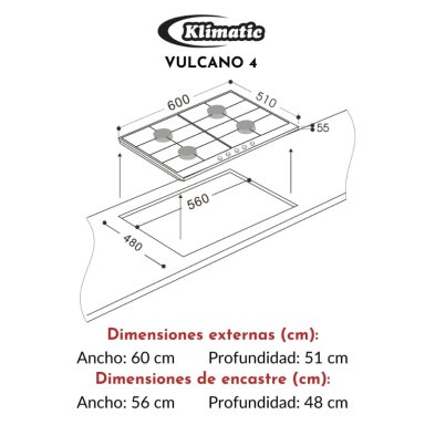 COCINA EMPOTRABLE A GAS KLIMATIC 4 QUEMADORES VULCANO 4 - 8