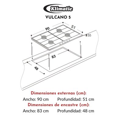 COCINA EMPOTRABLE A GAS KLIMATIC 5 QUEMADORES VULCANO 5 - 8