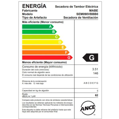 SECADORA DE ROPA MABE ELÉCTRICA EVACUACIÓN 9KG SEM090VBBB0 - 10