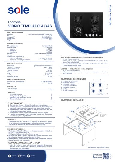 COMBO EMPOTRABLE SOLE COCINA SOLCO034 + CAMPANA EXTRACTORA TURE16COV2 + HORNO SOLHO007 - 12