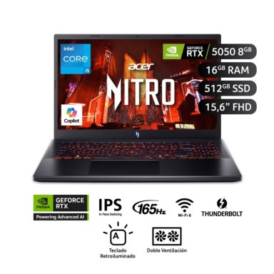 LAPTOP ACER NITRO V INTEL CORE I5 16GB RAM 512GB SSD NVIDIA RTX 5050 15.6”
