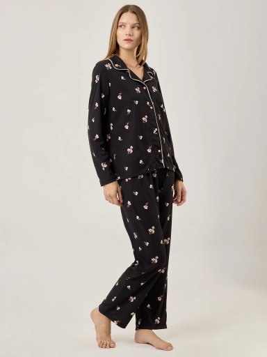 PIJAMA MANGA LARGA MUJER AZIZ NEGRO ROSAS - 5