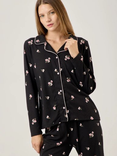 PIJAMA MANGA LARGA MUJER AZIZ NEGRO ROSAS - 4