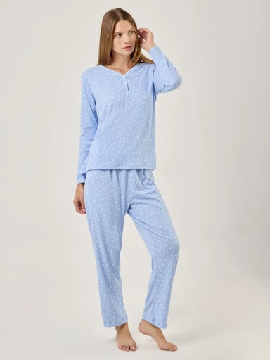 PIJAMA MANGA LARGA CON BOTONES MUJER AZIZ CELESTE FLORES - 5