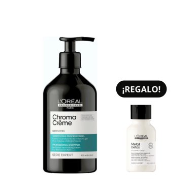 SET CHROMA CREME VERDE NEUTRALIZADOR PARA CABELLO MARRÓN OSCURO A NEGRO (SHAMPOO CHROMA CREME 500ML + SHAMPOO METAL DETOX 100ML)
