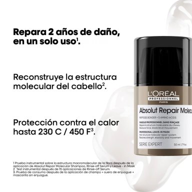SET LOREAL PROFESSIONNEL ABSOLUT REPAIR MOLECULAR: SHAMPOO 300ML + TERMOPROTECTOR 100ML PARA CABELLO MUY DAÑADO - 5