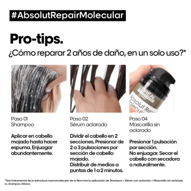 SET LOREAL PROFESSIONNEL ABSOLUT REPAIR MOLECULAR: SHAMPOO 300ML + TERMOPROTECTOR 100ML PARA CABELLO MUY DAÑADO - 9