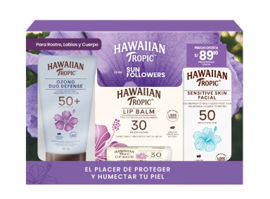PACK HAWAIIAN TROPIC OZONO DUO DEFENSE SPF50 180 ML + SENSITIVE SKIN FACIAL SPF50 60 ML + LIP BALM SPF30 - 2