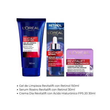 SET RUTINA RETINOL LOREAL PARIS SERUM RETINOL + CREMA DIA REVITALIFT HIALURO + LIMPIADOR RETINOL - 2