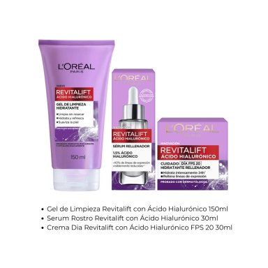 SET RUTINA HIDRATANTE HIALURÓNICO LOREAL PARIS SERUM REVITALIFT AH + CREMA REVITALIFT DIA + GEL REVITALIFT AH - 2