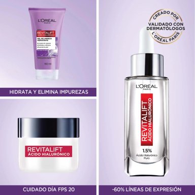 SET RUTINA HIDRATANTE HIALURÓNICO LOREAL PARIS SERUM REVITALIFT AH + CREMA REVITALIFT DIA + GEL REVITALIFT AH - 8