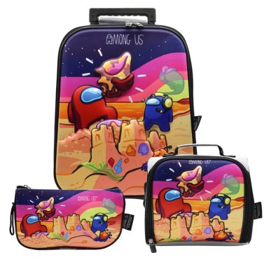 SET MALETA CON RUEDAS + LONCHERA + CARTUCHERA AMONG US AZUL