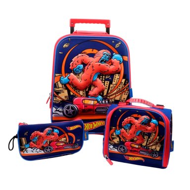 SET ESCOLAR MALETA CON RUEDAS + LONCHERA + CARTUCHERA HOT WHEELS ROJO