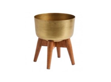 MACETERO RIPLEY HOME DORADO CON BASE MADERA 24 CM