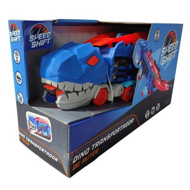 CAMIÓN REMOLQUE DINOSAURIO AZUL + 2 AUTOS METALICOS SPEED SHIFT - 5