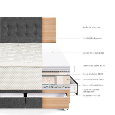 DORMITORIO CON CAJONES PARAÍSO ROYAL CROWN QUEEN GRIS + 2 ALMOHADAS VISCOELÁSTICAS - 4