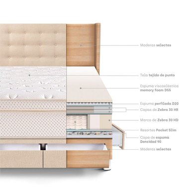 DORMITORIO CON CAJONES PARAÍSO ROYAL CLOUD QUEEN + CABECERA GOLD CHAMPAGNE + 2 ALMOHADAS VISCOELÁSTICAS - 4