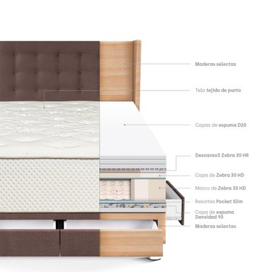 DORMITORIO CON CAJONES PARAÍSO ROYAL CROWN 2 PLAZAS + CABECERA GOLD CHOCOLATE + 2 ALMOHADAS VISCOELÁSTICAS - 4