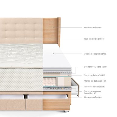 DORMITORIO CON CAJONES PARAÍSO ROYAL CROWN 2 PLAZAS + CABECERA GOLD CHAMPAGNE + 2 ALMOHADAS VISCOELÁSTICAS - 4