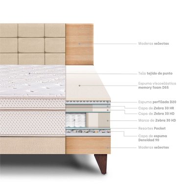 DORMITORIO EUROPEO PARAÍSO ROYAL DYNASTY 2 PLAZAS + CABECERA BLOCKS CHAMPAGNE + 2 ALMOHADAS VISCOELÁSTICAS - 4