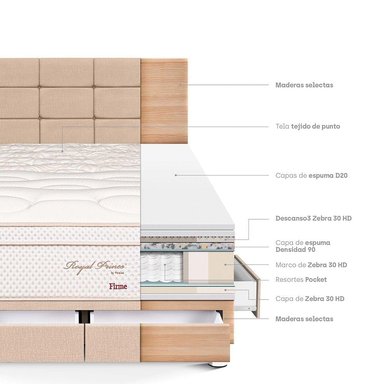 DORMITORIO CON CAJONES PARAÍSO ROYAL PRINCE 2 PLAZAS + CABECERA BLOCKS CHAMPAGNE + 2 ALMOHADAS VISCOELÁSTICAS - 4