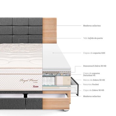 DORMITORIO CON CAJONES PARAÍSO ROYAL PRINCE QUEEN + CABECERA BLOCKS GRIS + 2 ALMOHADAS VISCOELÁSTICAS - 4