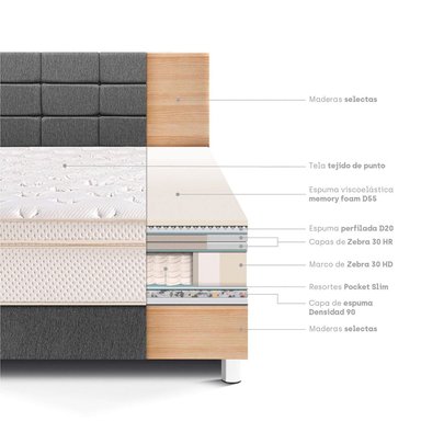 DORMITORIO PARAÍSO ROYAL CLOUD QUEEN + CABECERA BLOCKS GRIS + 2 ALMOHADAS VISCOELÁSTICAS - 4