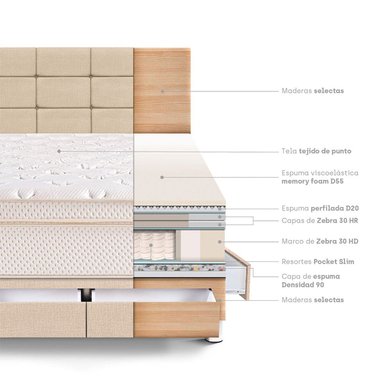 DORMITORIO CON CAJONES PARAÍSO ROYAL CLOUD 2 PLAZAS + CABECERA BLOCKS CHAMPAGNE + 2 ALMOHADAS VISCOELÁSTICAS - 4