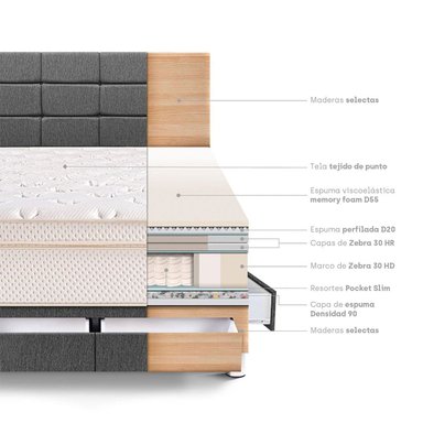 DORMITORIO CON CAJONES PARAÍSO ROYAL CLOUD QUEEN + CABECERA BLOCKS GRIS + 2 ALMOHADAS VISCOELÁSTICAS - 4