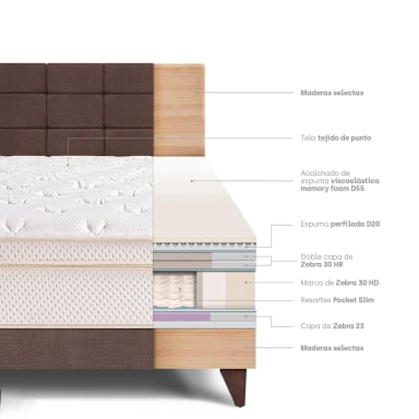 DORMITORIO EUROPEO PARAÍSO ROYAL CLOUD 2 PLAZAS + CABECERA BLOCKS CHOCOLATE + 2 ALMOHADAS VISCOELÁSTICAS - 4
