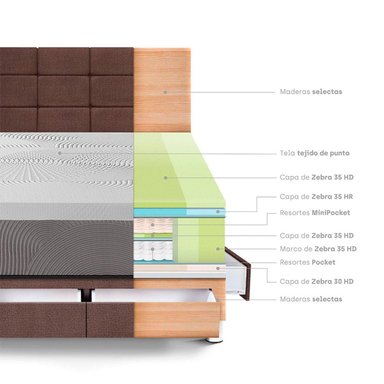 DORMITORIO CON CAJONES PARAÍSO BALANZZE 2 PLAZAS ROYAL + CABECERA BLOCKS CHOCOLATE + 2 ALMOHADAS VISCOELÁSTICAS - 4