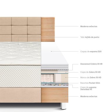 DORMITORIO PARAÍSO ROYAL CROWN QUEEN + CABECERA BLOCKS CHAMPAGNE + 2 ALMOHADAS VISCOELÁSTICAS - 4