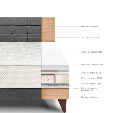 DORMITORIO EUROPEO PARAÍSO ROYAL CROWN 2 PLAZAS + CABECERA BLOCKS GRIS + 2 ALMOHADAS VISCOELÁSTICAS - 4
