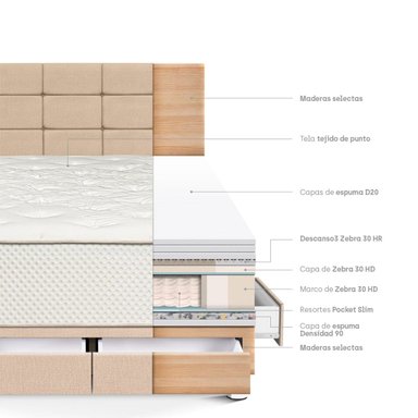 DORMITORIO CON CAJONES PARAÍSO ROYAL CROWN 2 PLAZAS + CABECERA BLOCKS CHAMPAGNE + 2 ALMOHADAS VISCOELÁSTICAS - 4