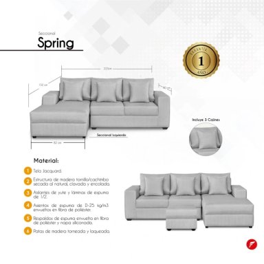 SECCIONAL IZQUIERDO FORLI SPRING 2-1 CUERPOS PLATA + 3 COJINES - 6