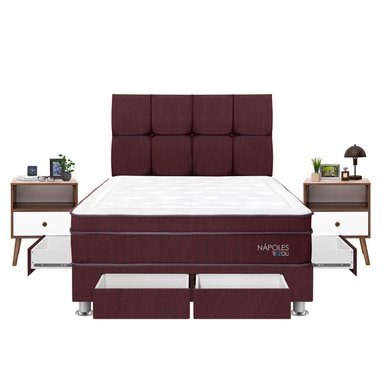 DORMITORIO AMERICANO RIZZOLI NÁPOLES 2 PLAZAS CON CAJONES GUINDA + VELADOR FALA - 2