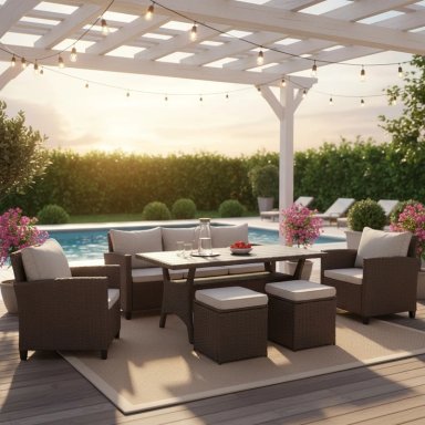 JUEGO DE SALA TERRAZA RIPLEY HOME KATHERINE MARRÓN 3-1-1 CUERPOS + MESA Y BANCOS