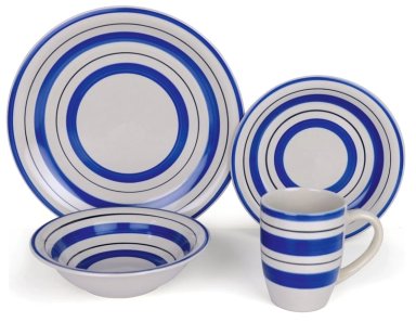 VAJILLA RIPLEY HOME SET CERÁMICA AZUL Y BEIGE CON LÍNEAS 16 PIEZAS