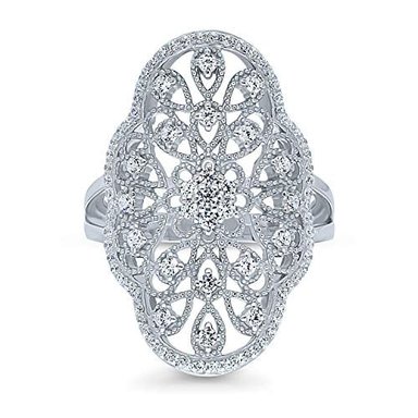ANILLO BERRICLE PLATA DE LEY CHAPADA RODIO CIRCONITA CÚBICA DISEÑO FLORES ESTILO ART DECO CON FILIGRANA CÓCTEL - 2