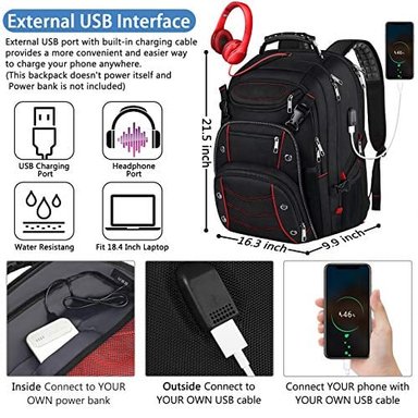 MOCHILA DE ORDENADOR PORTÁTIL 18.4 PARA HOMBRES MOCHILA EXTRA GRANDE DE 55 L CON PUERTO DE CARGADOR USB APROBADO POR TSA - 3