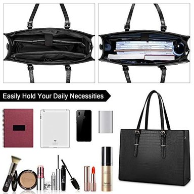 BOLSO PARA COMPUTADORA PORTÁTIL DE 15.6' BOLSO DE CUERO IMPERMEABLE PARA MUJERES DE GRAN CAPACIDAD NEGRO - 2