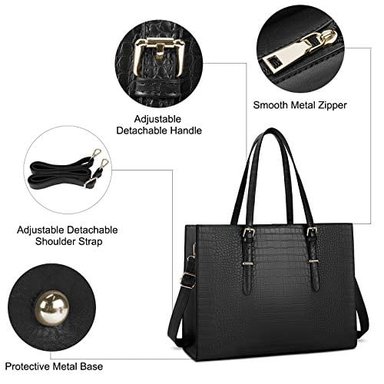 BOLSO PARA COMPUTADORA PORTÁTIL DE 15.6' BOLSO DE CUERO IMPERMEABLE PARA MUJERES DE GRAN CAPACIDAD NEGRO - 3