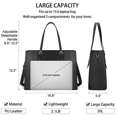 BOLSO PARA COMPUTADORA PORTÁTIL DE 15.6' BOLSO DE CUERO IMPERMEABLE PARA MUJERES DE GRAN CAPACIDAD NEGRO - 4