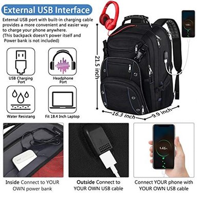 MOCHILA DE ORDENADOR PORTÁTIL 18.4 PARA HOMBRES MOCHILA EXTRA GRANDE DE 55 L CON PUERTO DE CARGADOR USB APROBADO POR TSA - 3