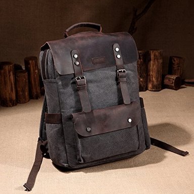 MOCHILA VASCHY CLÁSICA DE LONA Y CUERO PARA CAMPUS LIBROS RECREACIÓN AL AIRE ACEPTA COMPUTADORA PORTÁTIL DE 15' GRIS - 2